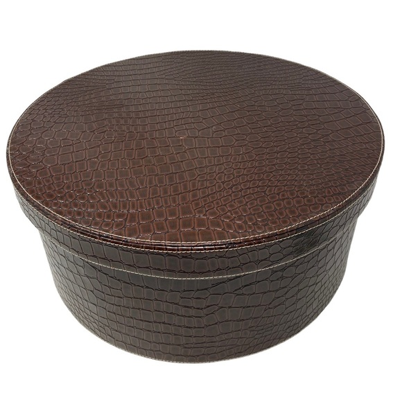 2 Vintage Faux Croc Brown Animal Print Round Hat Stackable Storage - Picture 2 of 10